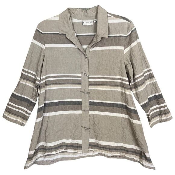 Habitat Lagenlook Artsy Tunic Top Women's Medium Taupe Gray Swing Striped Funky - Picture 1 of 13